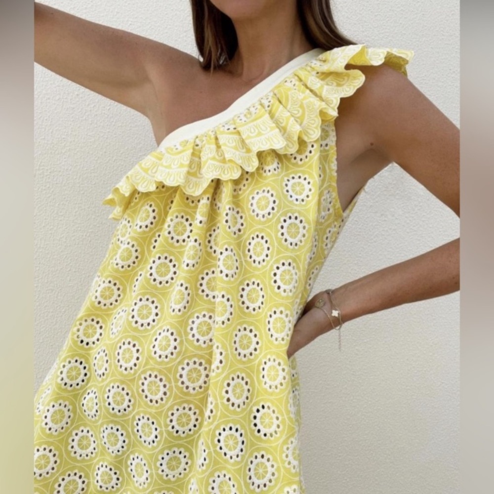 Vita Grace Yellow Eyelet Ruffle One Shoulder Midi Dress | M/L NWT Loose Elegant